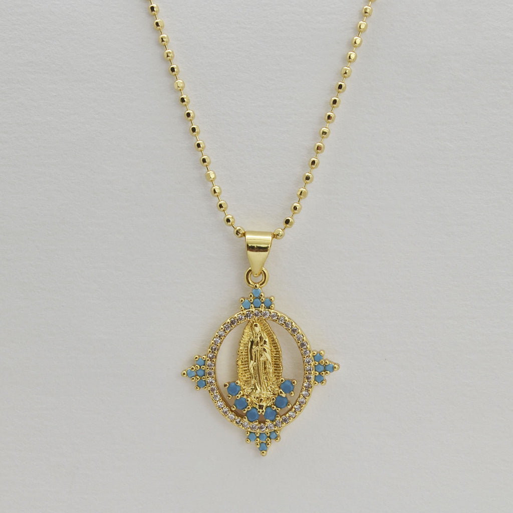 Collar de la Virgen de Guadalupe con zirconias de color aqua
